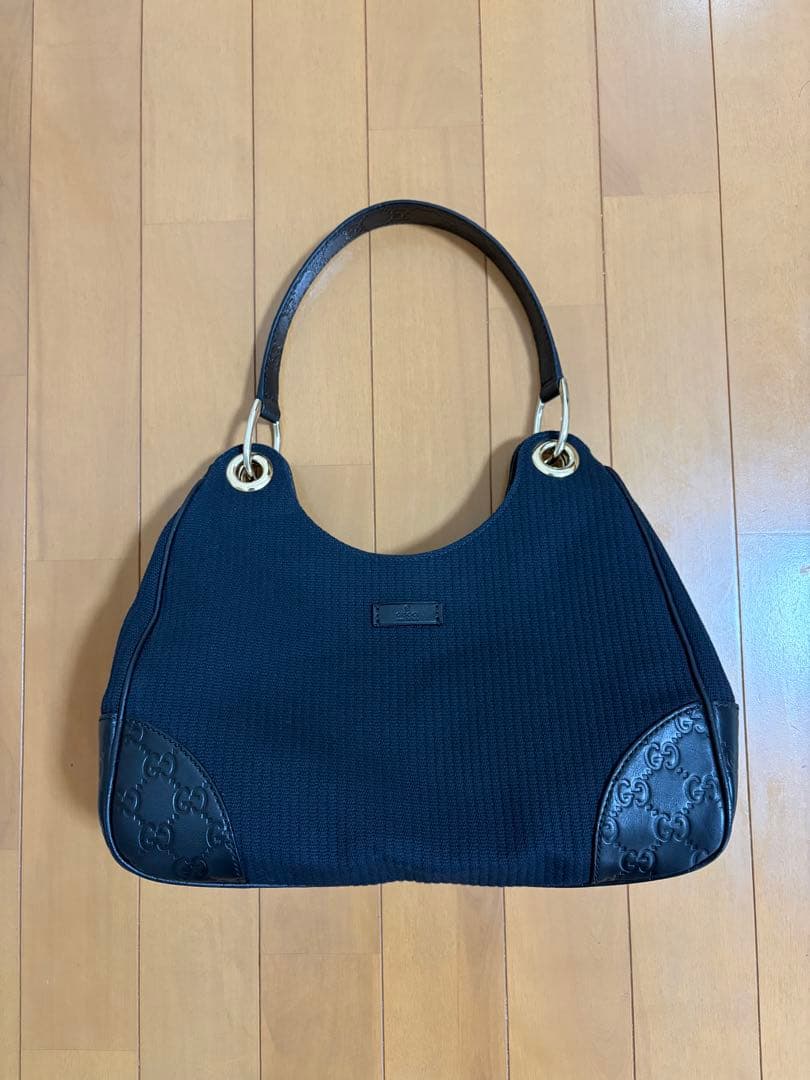 GUCCI ワンショルダー　キャンバス　シマレザー　ショルダーバッグ　ブラック