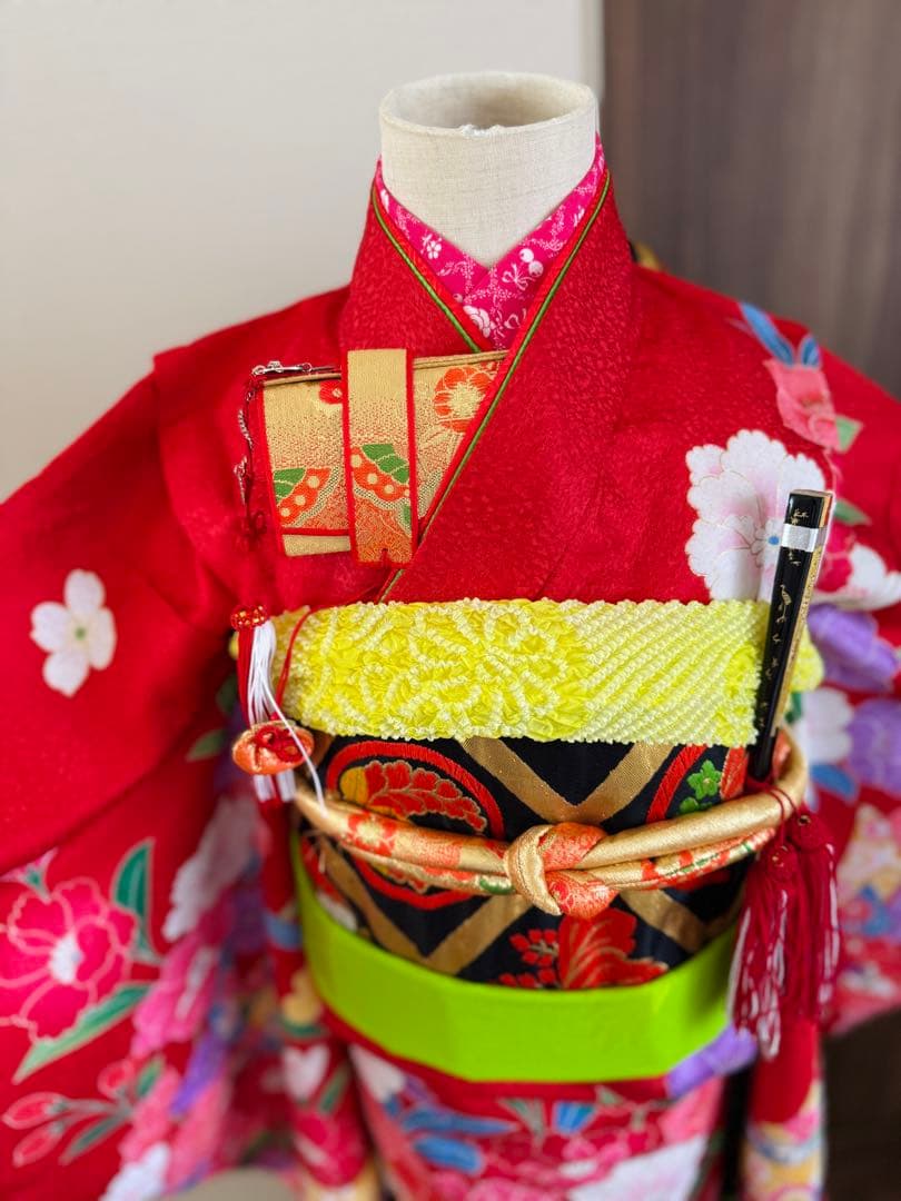 七五三に★赤色着物に熨斗と四季の花々　7歳着物、袋帯のセット