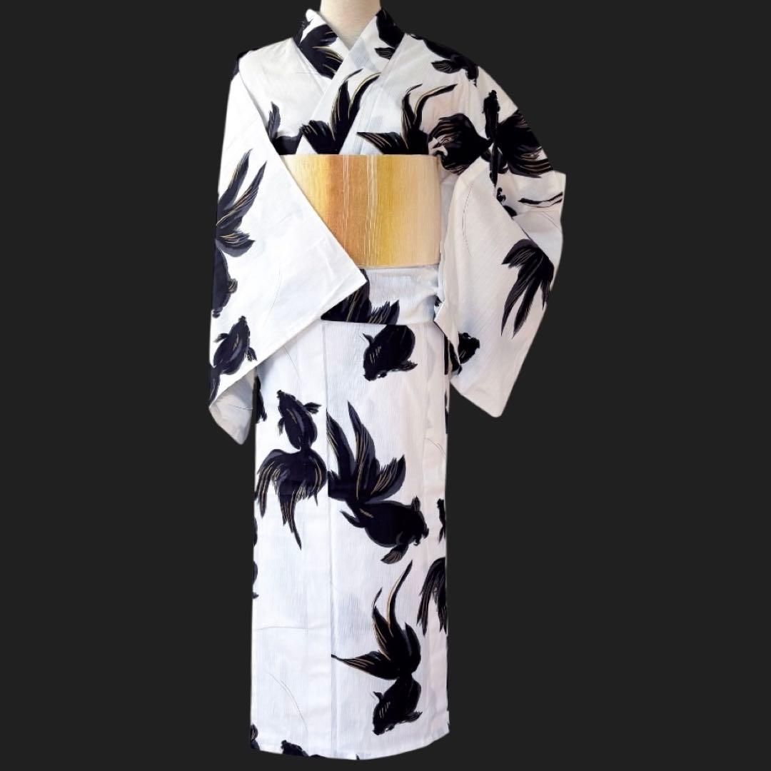 新品浴衣 綿 【白地に黒金魚】可愛い出目金★岡重風★呉服屋さんサンプル品♪