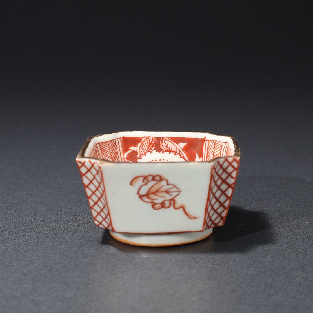 九谷赤絵　隅切　花図猪口５客　骨董　R1476wダC