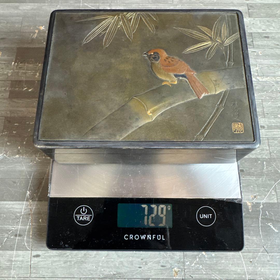 明治時代 純銀 竹と鳥 銀煙草入 銀巻莨箱 書付箱 銀箱