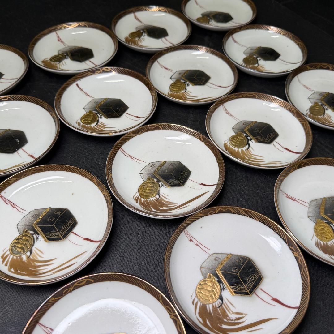 時代 九谷焼 小皿10.5cm 16枚【無傷】浦島太郎 明治 骨董 アンティーク