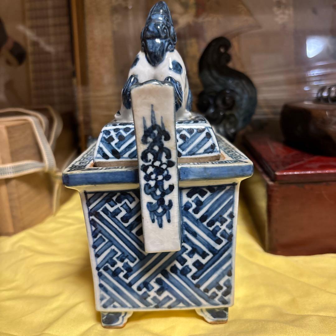 九谷   古美術     【染附 】   獅子摘み　大迫力　香炉　アンティーク