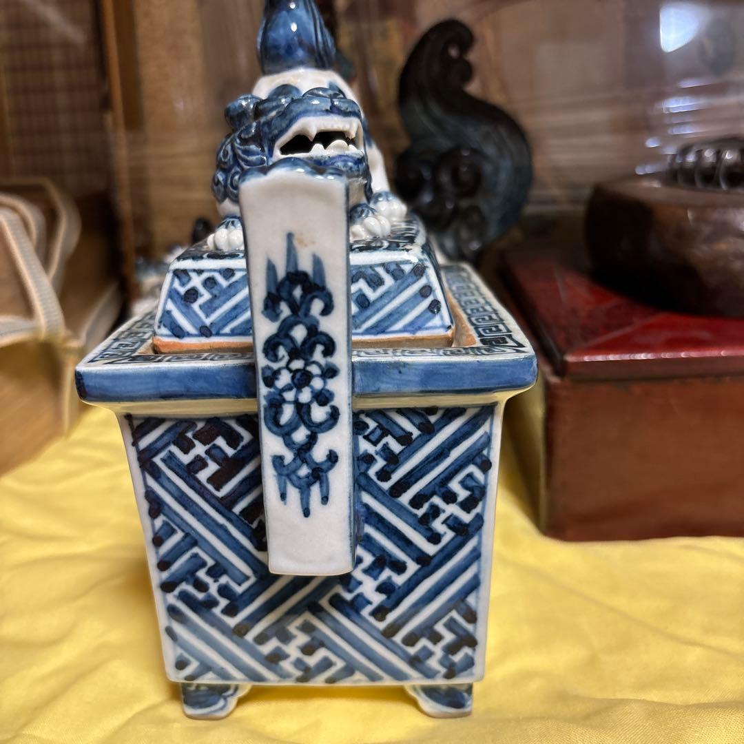 九谷   古美術     【染附 】   獅子摘み　大迫力　香炉　アンティーク