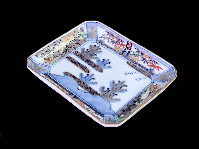 大聖寺伊万里　金襴手　亀甲紋に松竹梅　若松の図　長皿　E375AS-COw