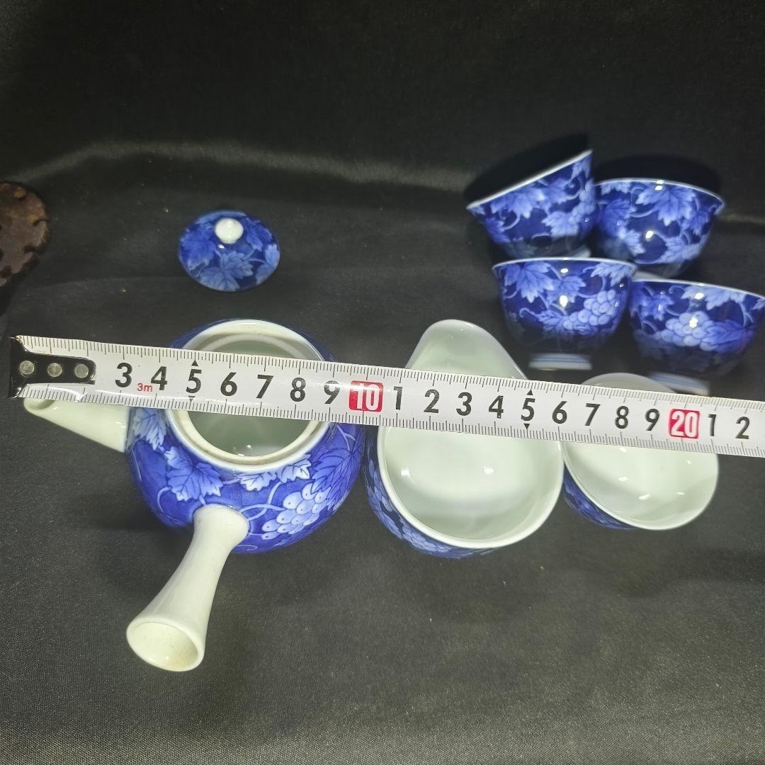 煎茶道具 香蘭社 染付け茶器 手描き葡萄文 時代物 旧家蔵出 未使用美品 中国茶