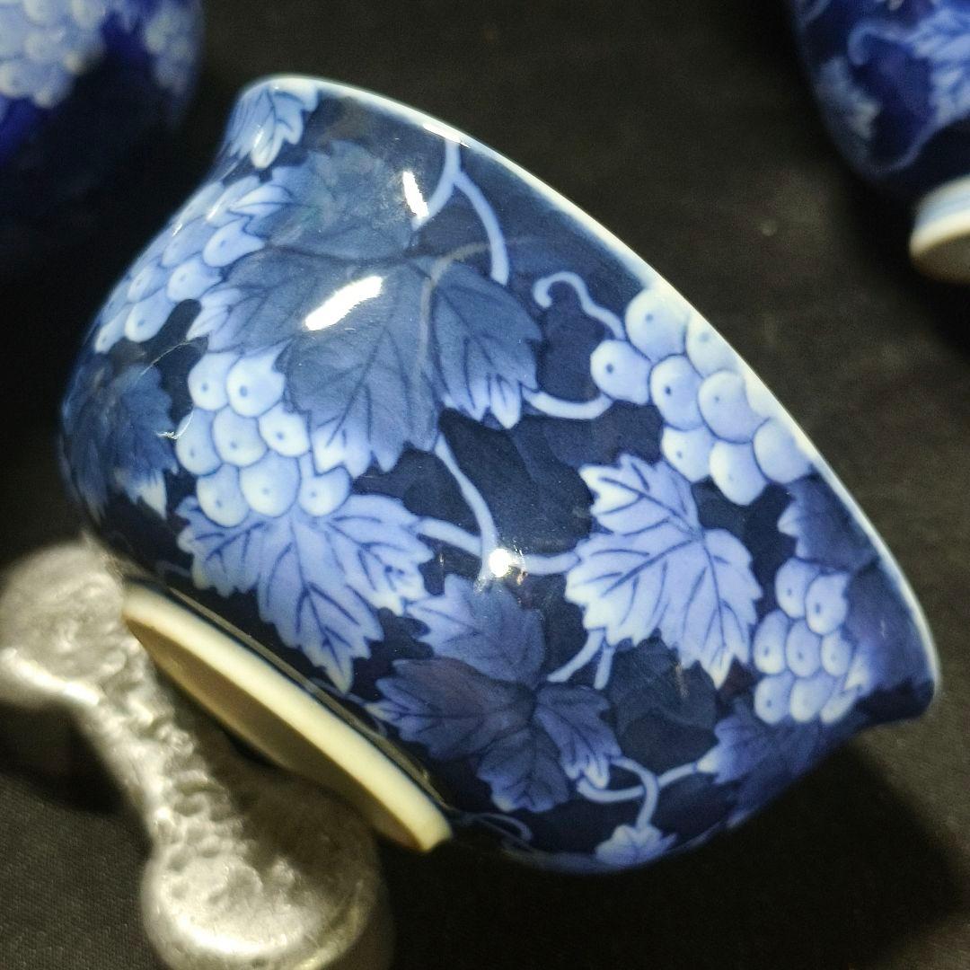 煎茶道具 香蘭社 染付け茶器 手描き葡萄文 時代物 旧家蔵出 未使用美品 中国茶