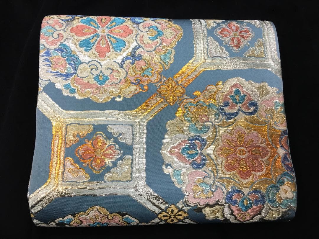 西陣織 手織り彩り蜀甲華紋 水色 六通柄袋帯