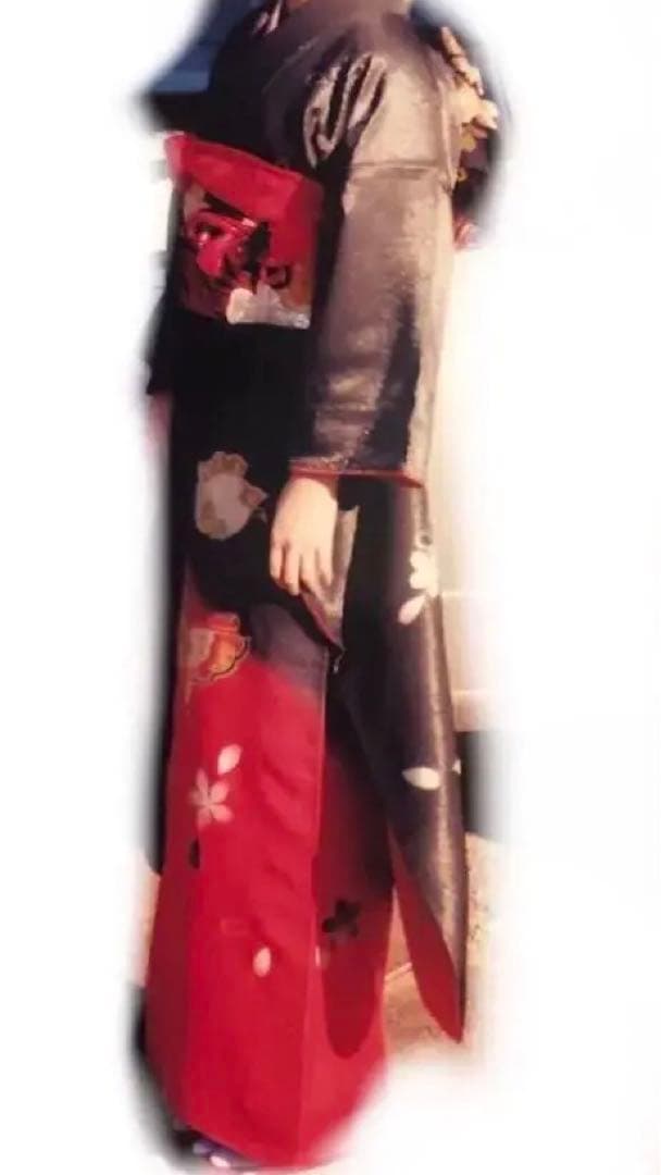 振袖 ６点セット ラメ入り 黒と赤のグラデーション 蝶と花 成人式