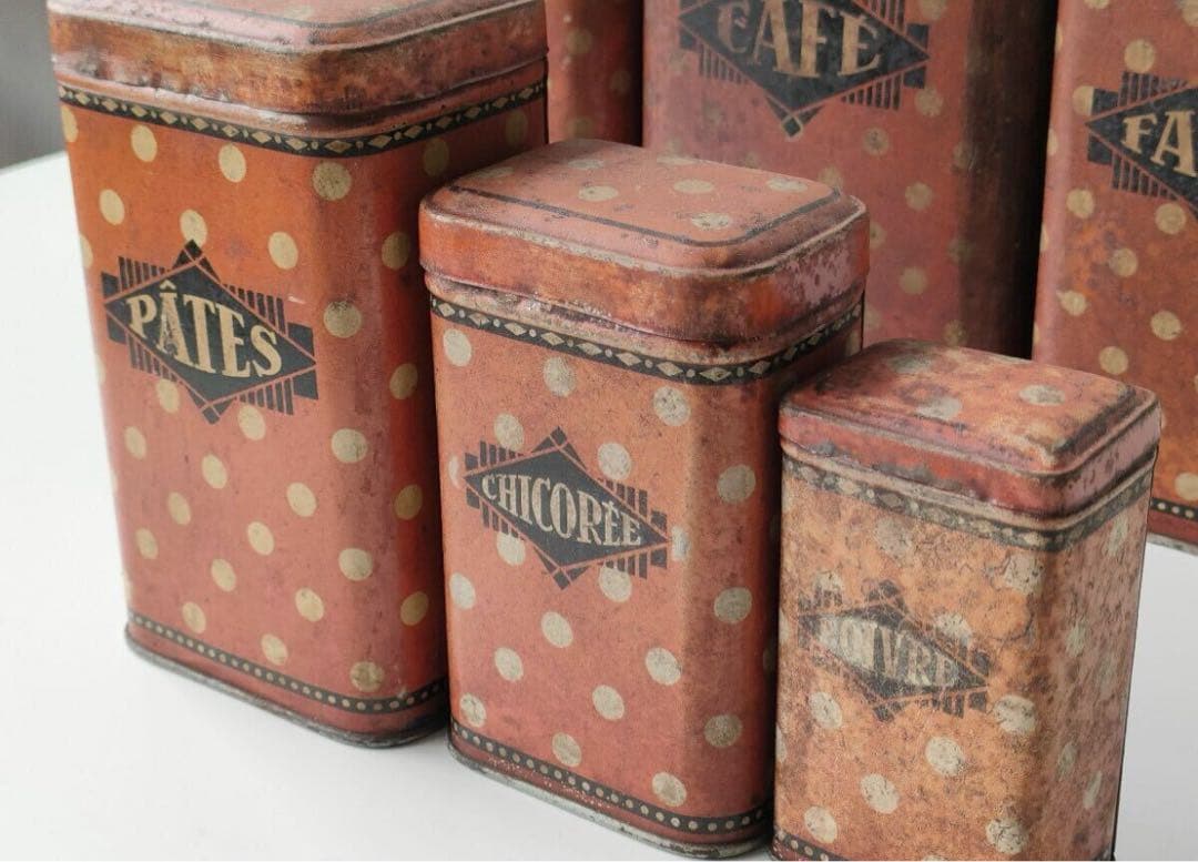 フランス アンティーク tin can キャニスター 6個 ティン缶 ドット柄