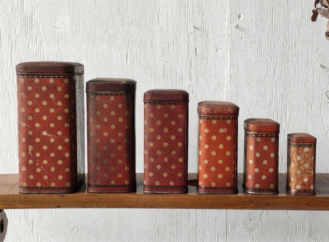 フランス アンティーク tin can キャニスター 6個 ティン缶 ドット柄