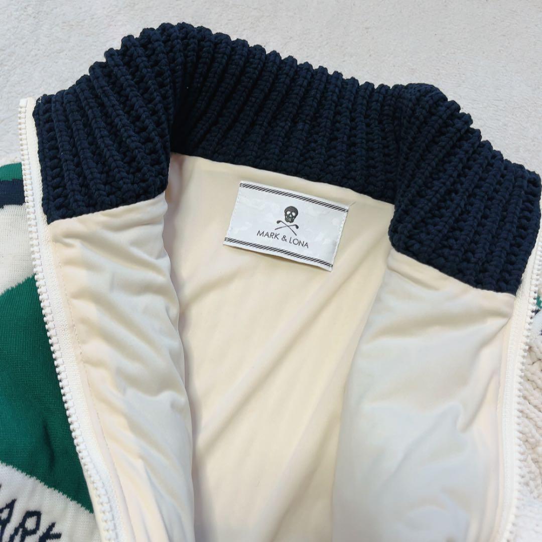 極美品　マークアンドロナ　ニットジャケット　裏地付　柄　ブルゾン　ネイビー