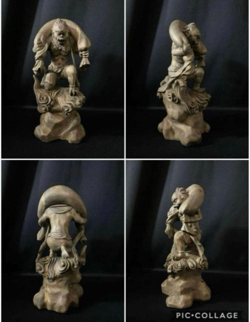 総楠材　高27cm 最大32cm 木彫仏教　仏師で仕上げ品　風神雷神図一式