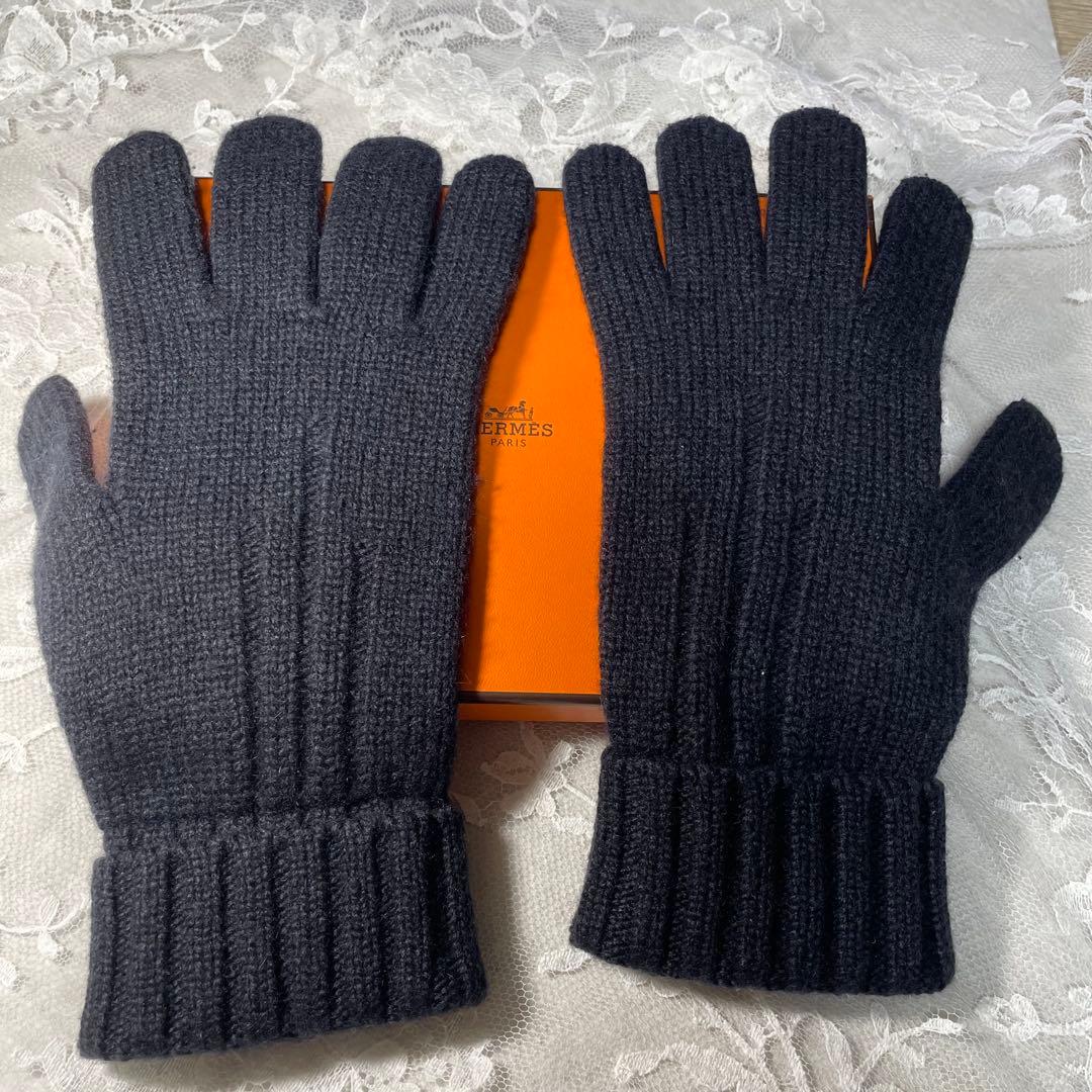 エルメス カシミヤ手袋 ダークブルー 5本指　暖かい