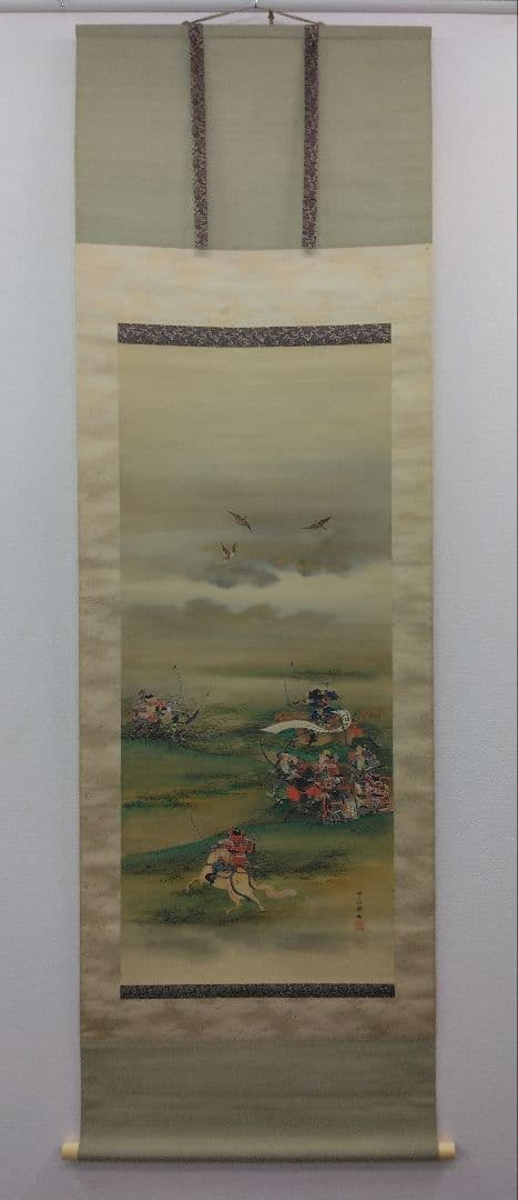 守住周魚「義家之図」武者　絹本　掛軸　共箱（守住貫魚の六女）