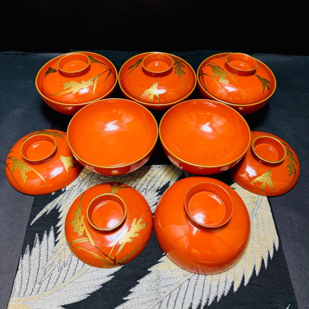漆器　輪島塗　沈金　金蒔絵　木製　蓋付椀　お煮物椀　吸物椀　6客　骨董