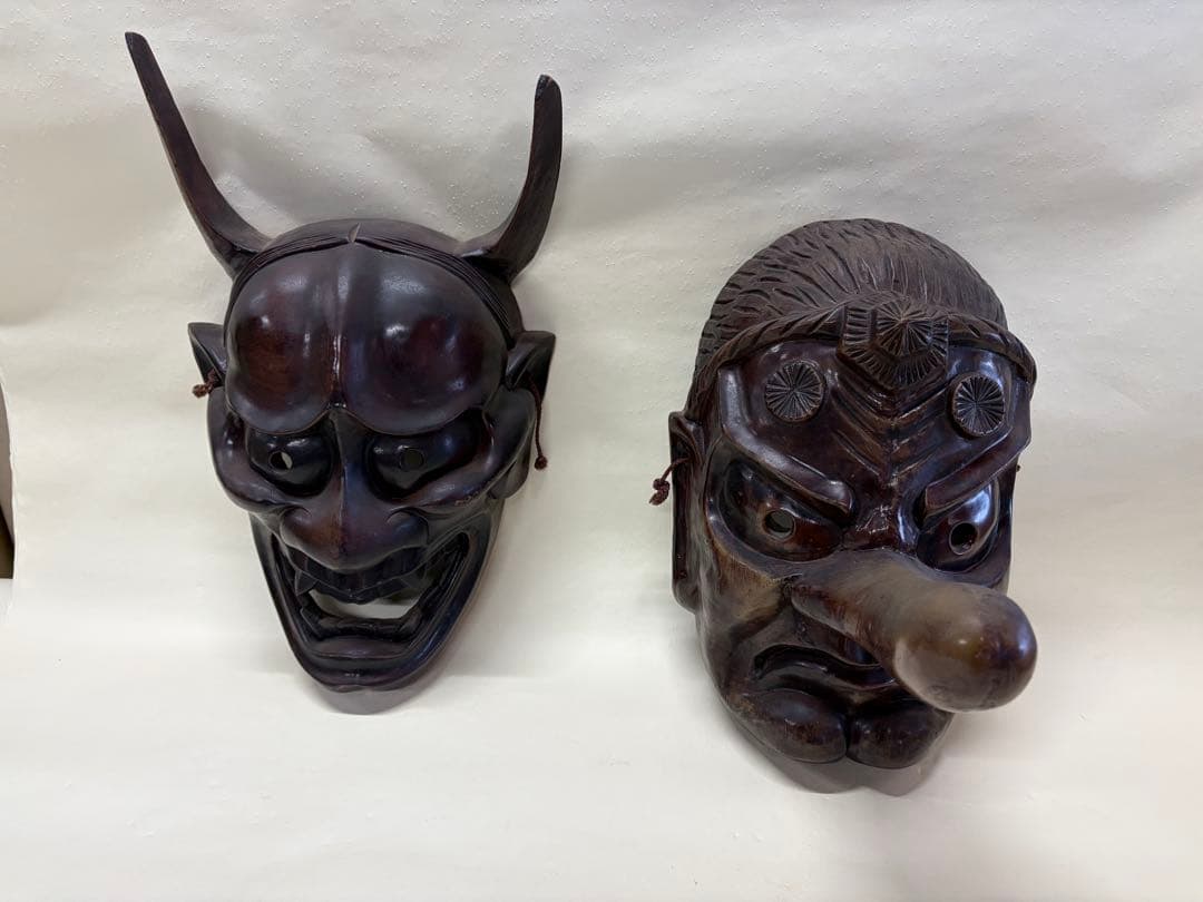 鬼と天狗のお面セットで　木彫り　縁起物　魔除け