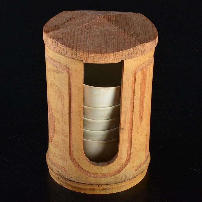 中国　大明成化年製款　青花　煎茶碗　五客　古竹　崇菊銘　碗筒付　D　R6835