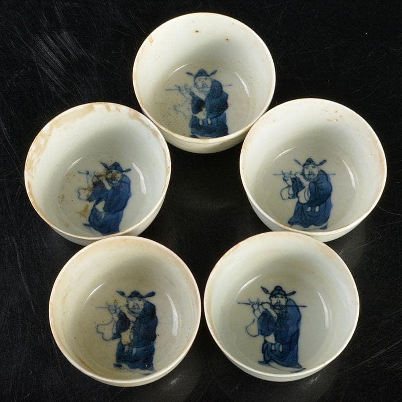 中国　大明成化年製款　青花　煎茶碗　五客　古竹　崇菊銘　碗筒付　D　R6835