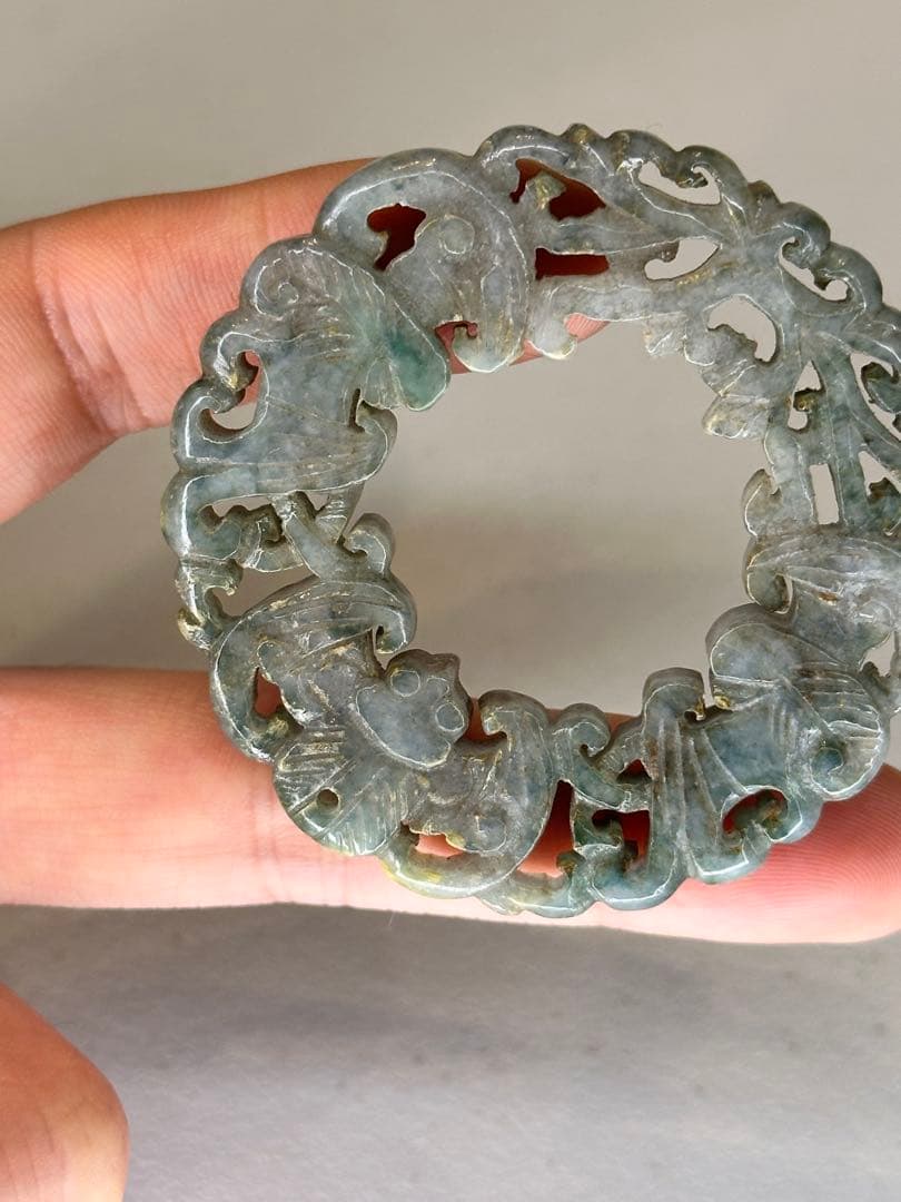 中国 清代 翡翠 镂空彫 圆環 蝙蝠文 有孔 吊りペンダント 古美術品