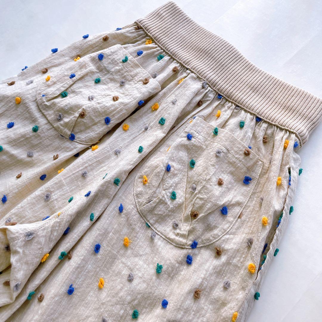 日本製✨エムアンドキョウコ 刺繍パンツ ドット 佐藤繊維 コットン ベージュ S