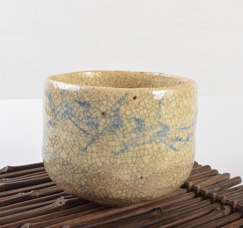 豊楽焼　六代　大喜豊助作　染付鶴文　楽茶碗　九代豊助極め箱　C　R7259