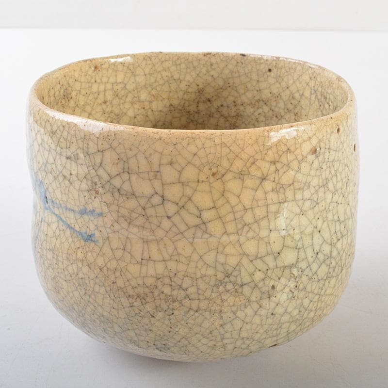 豊楽焼　六代　大喜豊助作　染付鶴文　楽茶碗　九代豊助極め箱　C　R7259