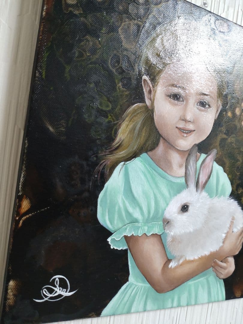 少女の人物画/油絵【兎と少女】1点物の原画/作者サイン入り◆キャンバス油彩画