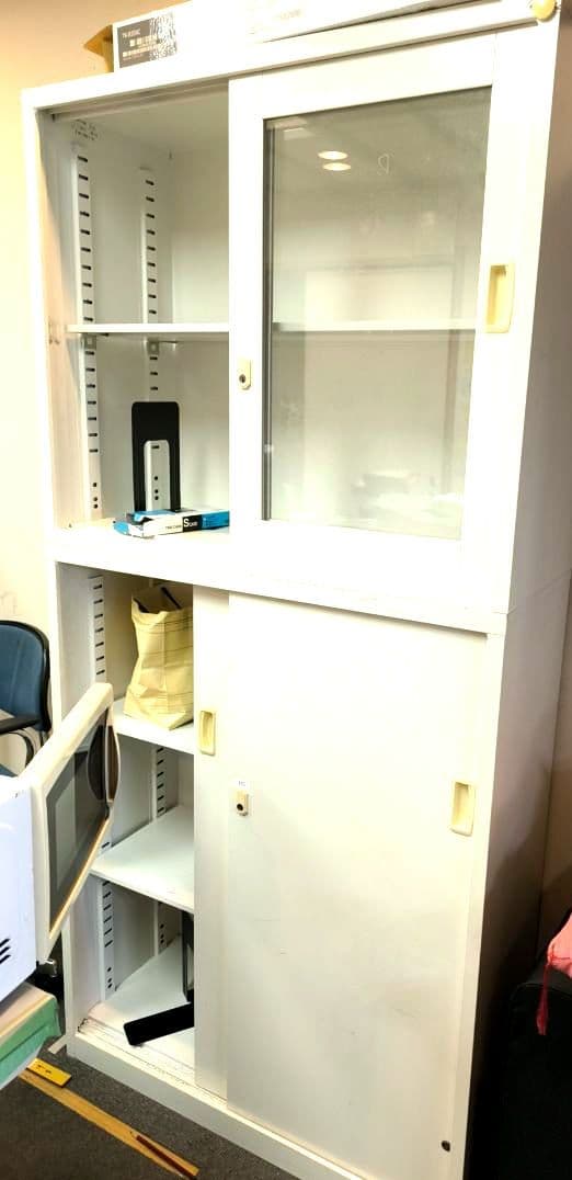 【引取歓迎】オフィス用キャビネット上下セット（ガラス引戸＆スチール引戸）ホワイト