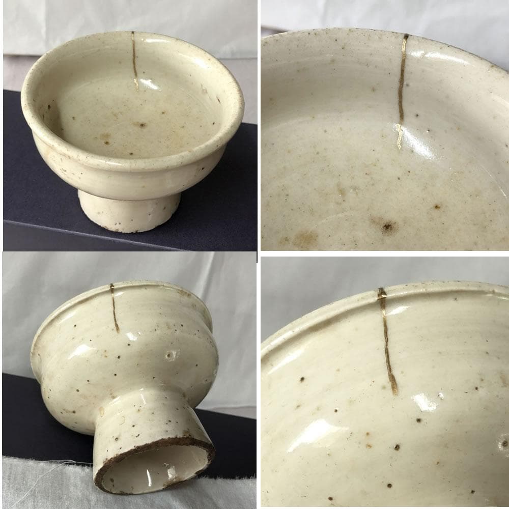 w089 李朝 白磁 馬上杯 金直し 木箱入り 酒器