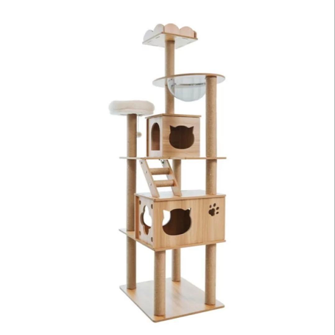 年末値引　木製多層キャットタワー ラウンドベッド付き