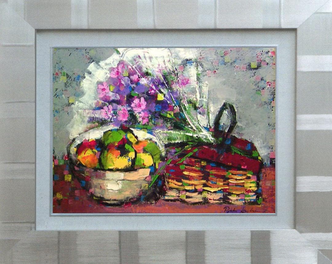 油絵 絵 絵画インテリア 額付(黒) uF6-062104 静物 花束 フルーツ