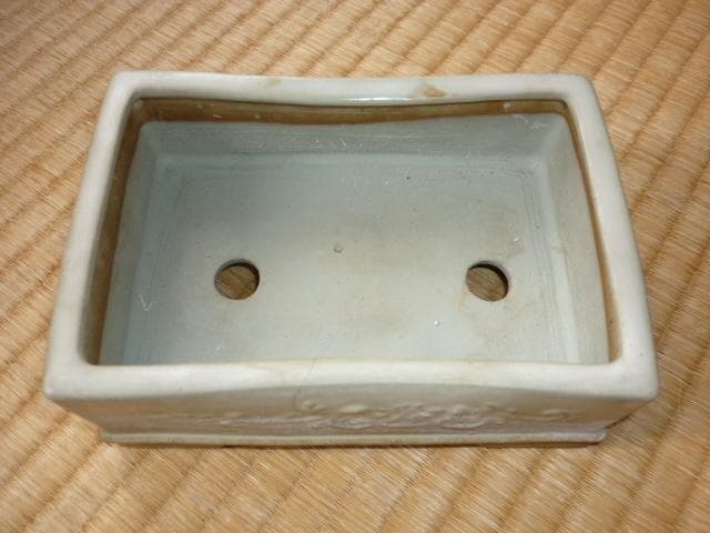 希少1960年頃◆水野正雄 陶翠 長方白交趾 蘭・菊・梅・竹「四君子」彫入盆栽鉢