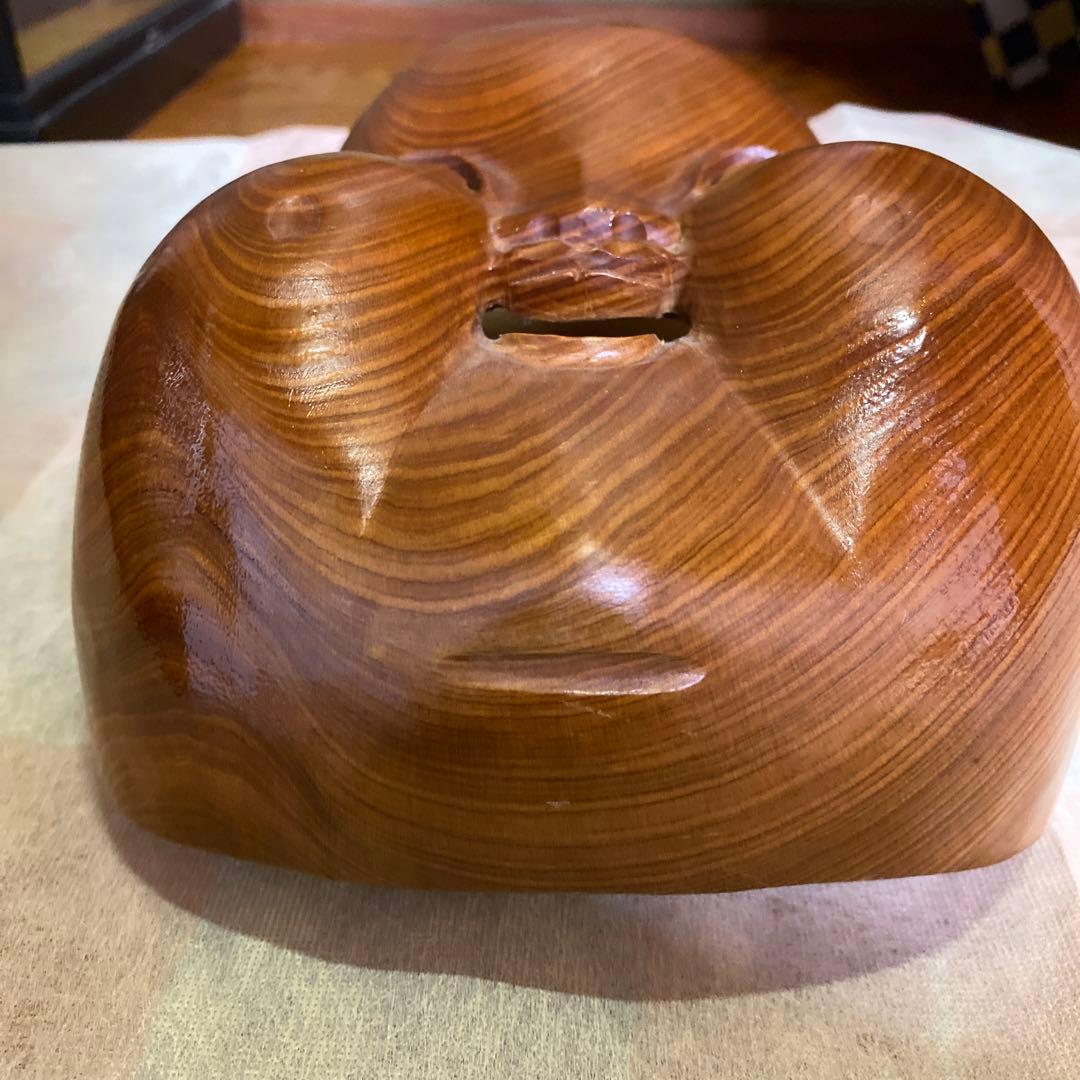 一刀彫　木製 笑顔の面　エクボが可愛い