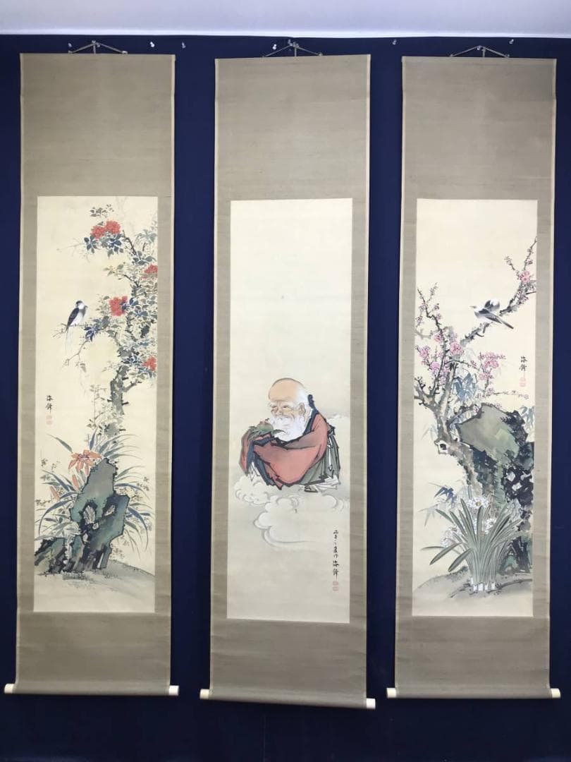 【真作】小田海僊/寿星花鳥図/三幅対/花鳥図/人物図/掛軸☆宝船☆AD-447