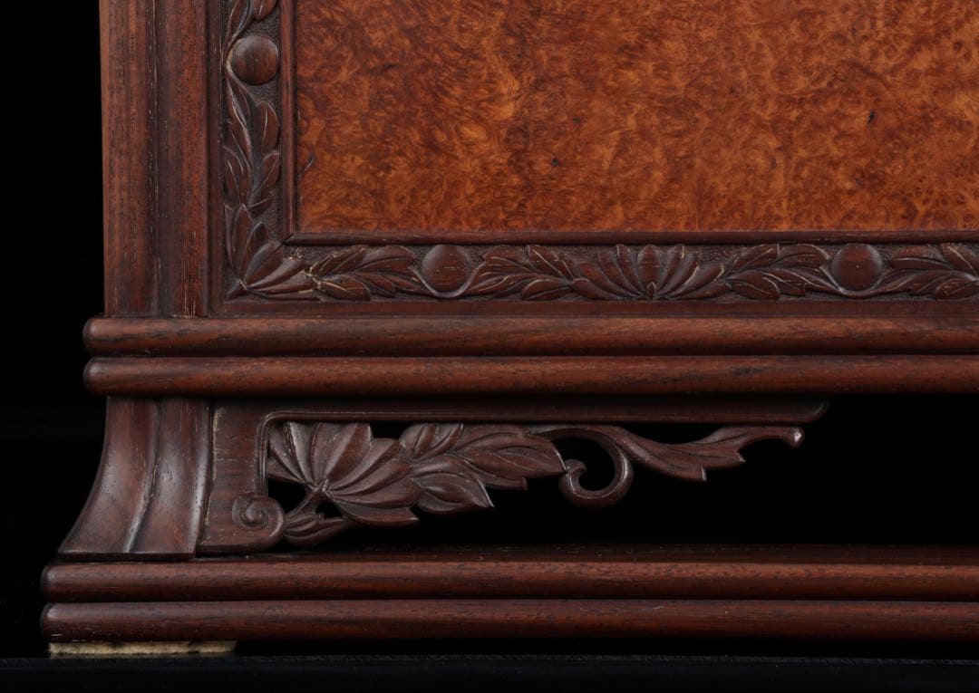 唐木細工師【阿達祥山】 玉葡萄紫檀草飾四方形 火鉢 幅43.5cm 瓶掛 囲炉裏