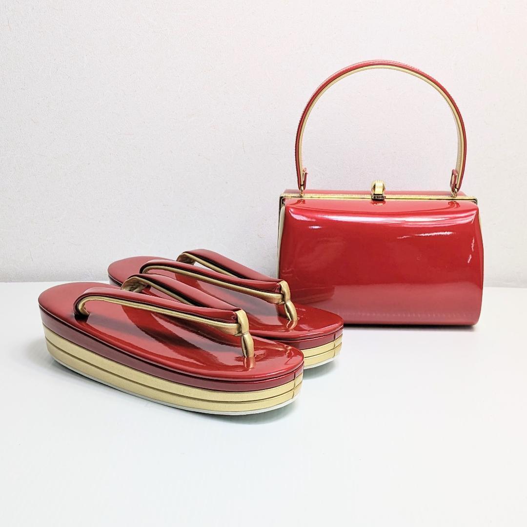 和装 草履 バッグ セット エナメル 赤 金 ゴールド フリーサイズ w56-1