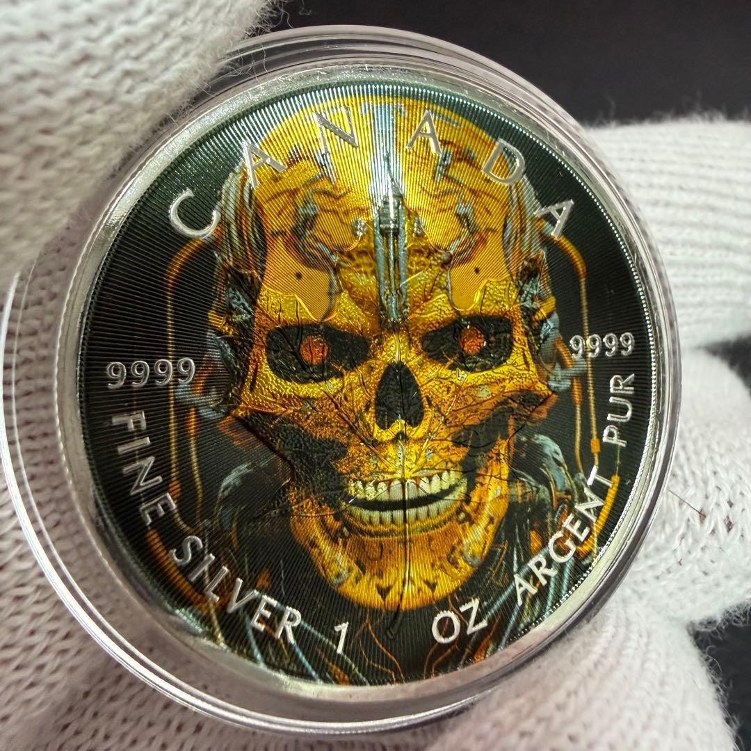 【世界100枚限定】 カナダ メイプルリーフ 銀貨 カラー マシーンスケルトン