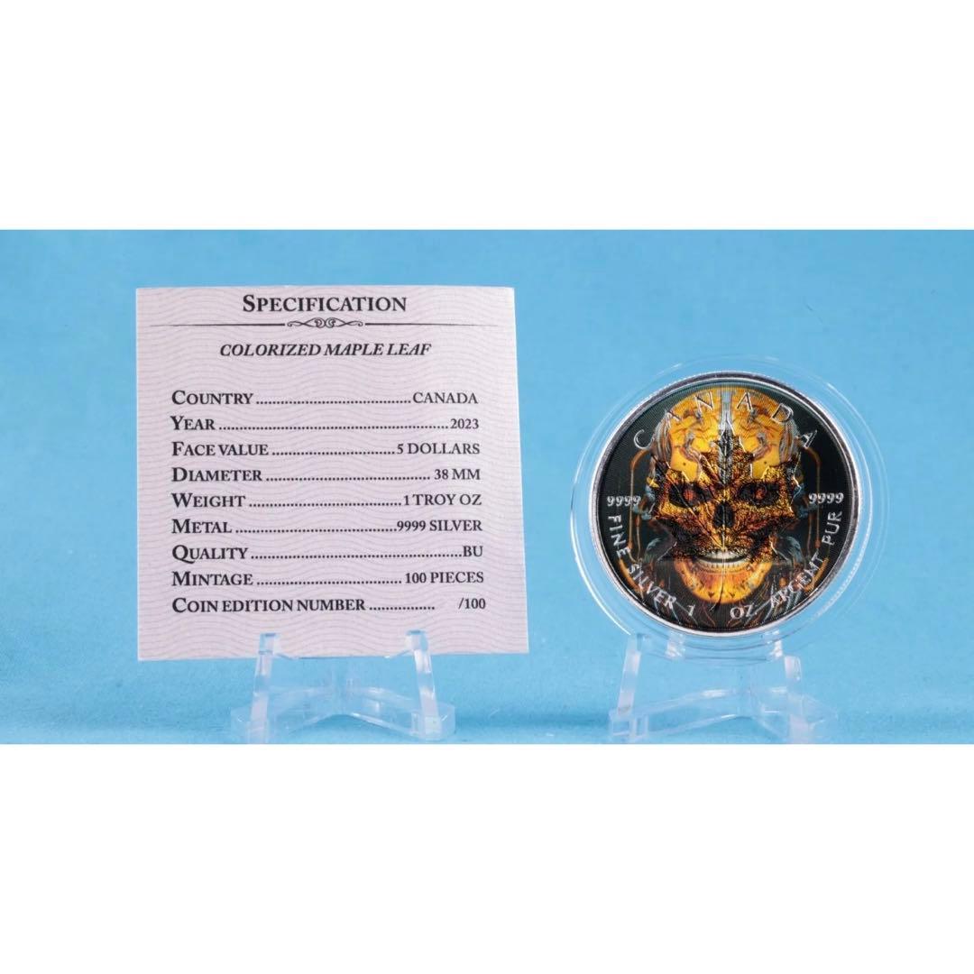 【世界100枚限定】 カナダ メイプルリーフ 銀貨 カラー マシーンスケルトン