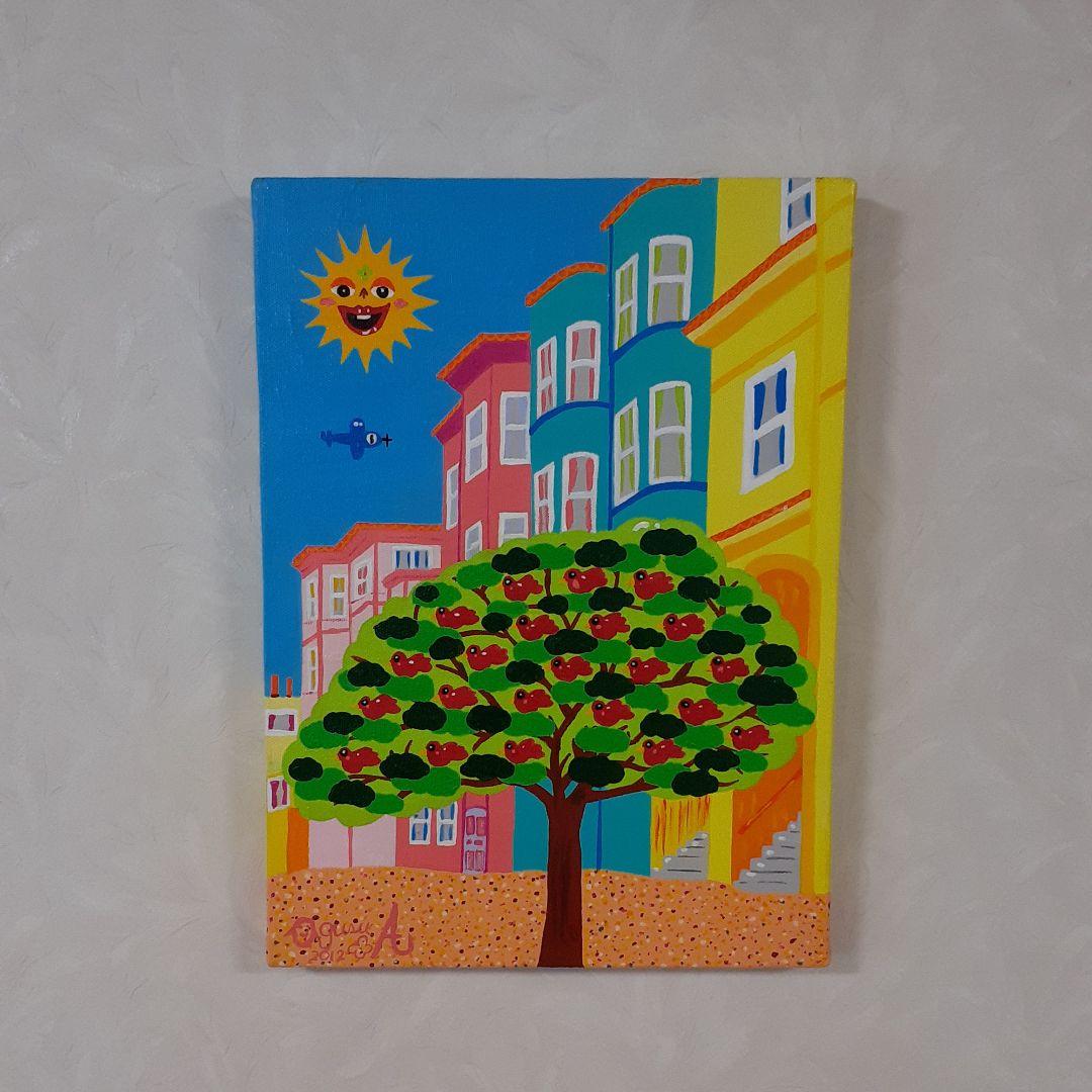 サンフランシスコの赤い鳥とハッピー太陽　F4号　アクリルガッシュ作品