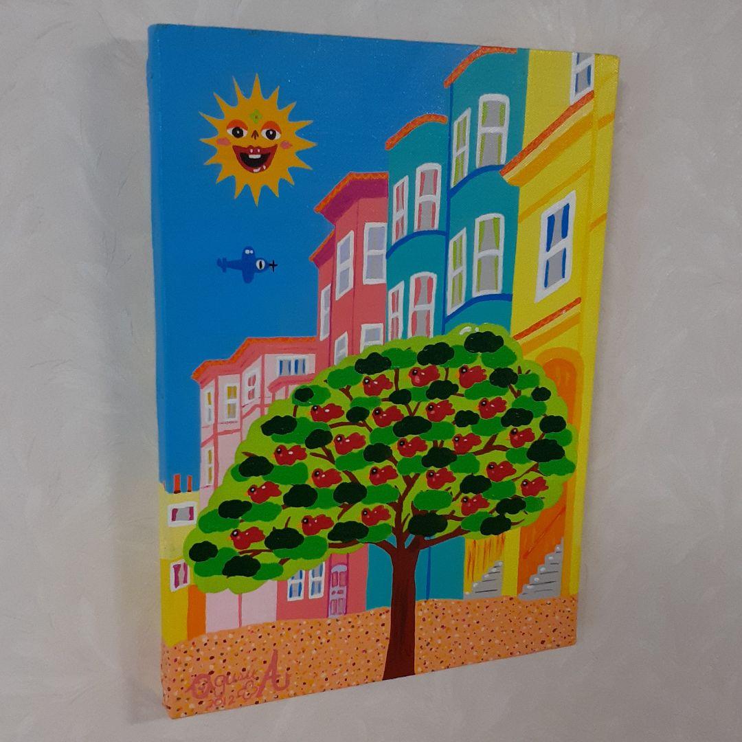 サンフランシスコの赤い鳥とハッピー太陽　F4号　アクリルガッシュ作品