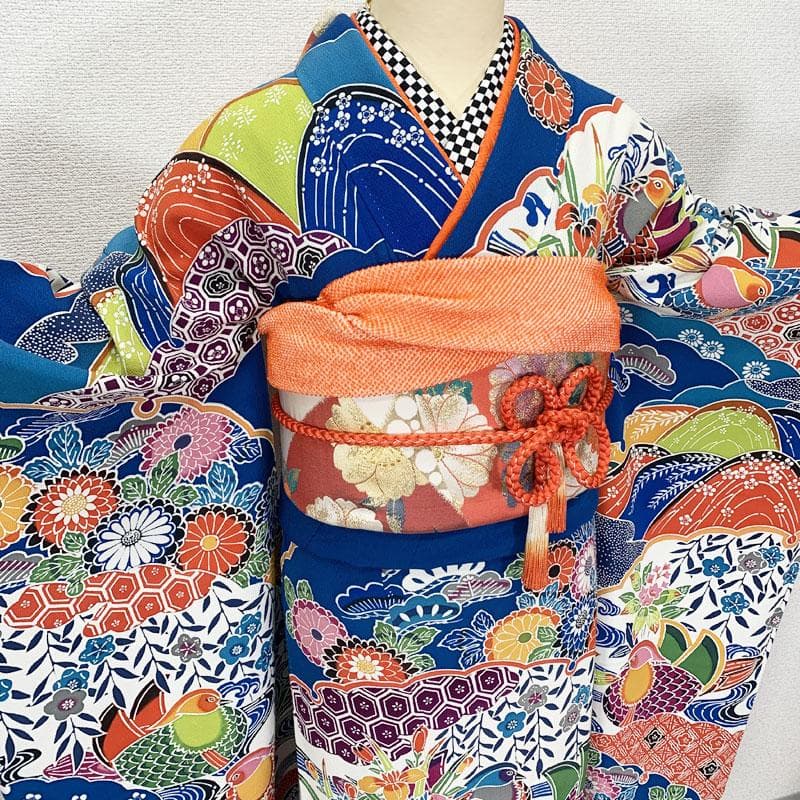 510z22☆紅型 中振袖 小柄な方にも 古典柄 青☆美品 成人式結婚式十三参り