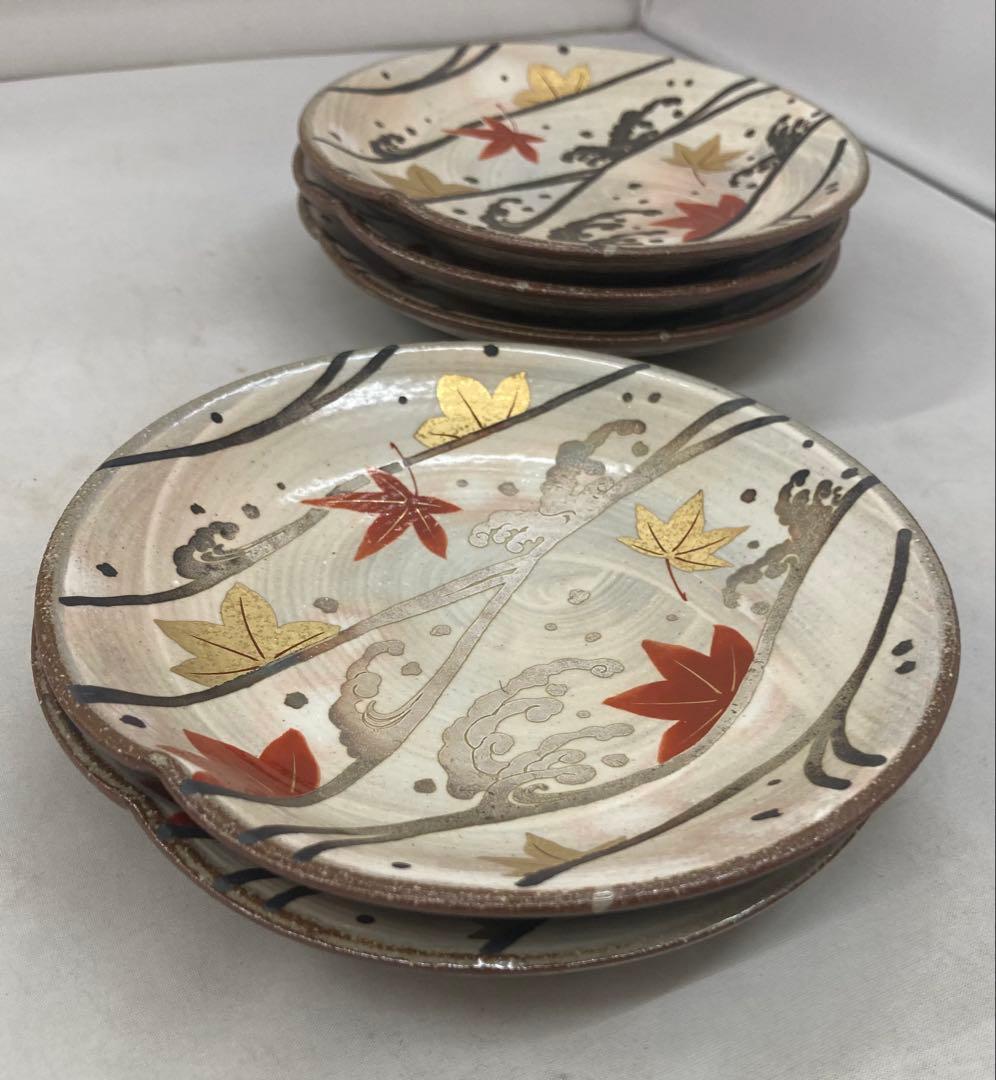 B409b 「乾山写 紅葉に流れ銘々皿」5枚　京焼　金彩銀彩　作者不詳　和菓子