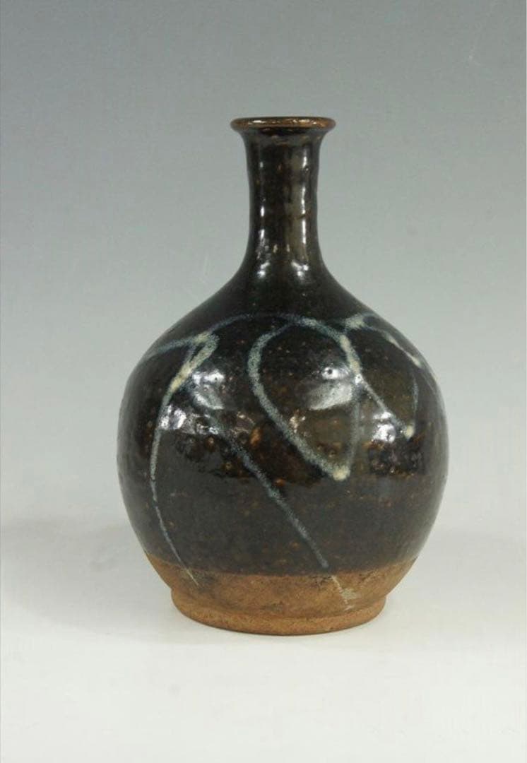 花器 古唐津 武雄系 素麺手 黒釉 茶道具 懐石 茶道 徳利 花入 骨董 古美術