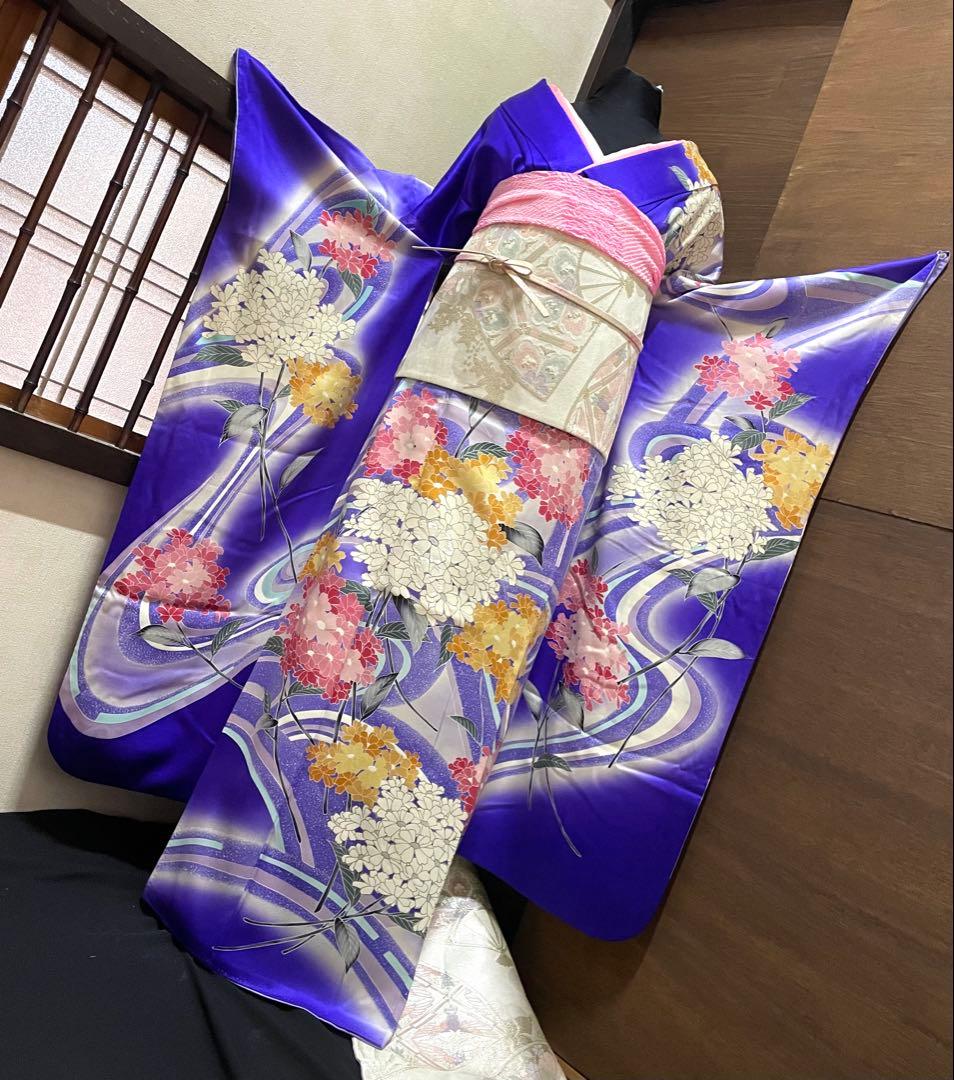 振袖フルセット6点サイズM〜Ｌ相良刺繍　振袖　流水花文　暈し染め　金彩　正絹