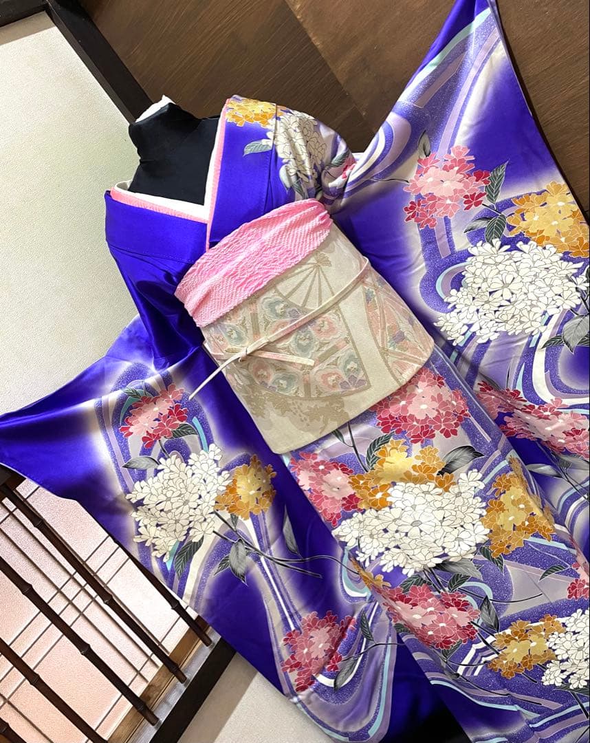 振袖フルセット6点サイズM〜Ｌ相良刺繍　振袖　流水花文　暈し染め　金彩　正絹