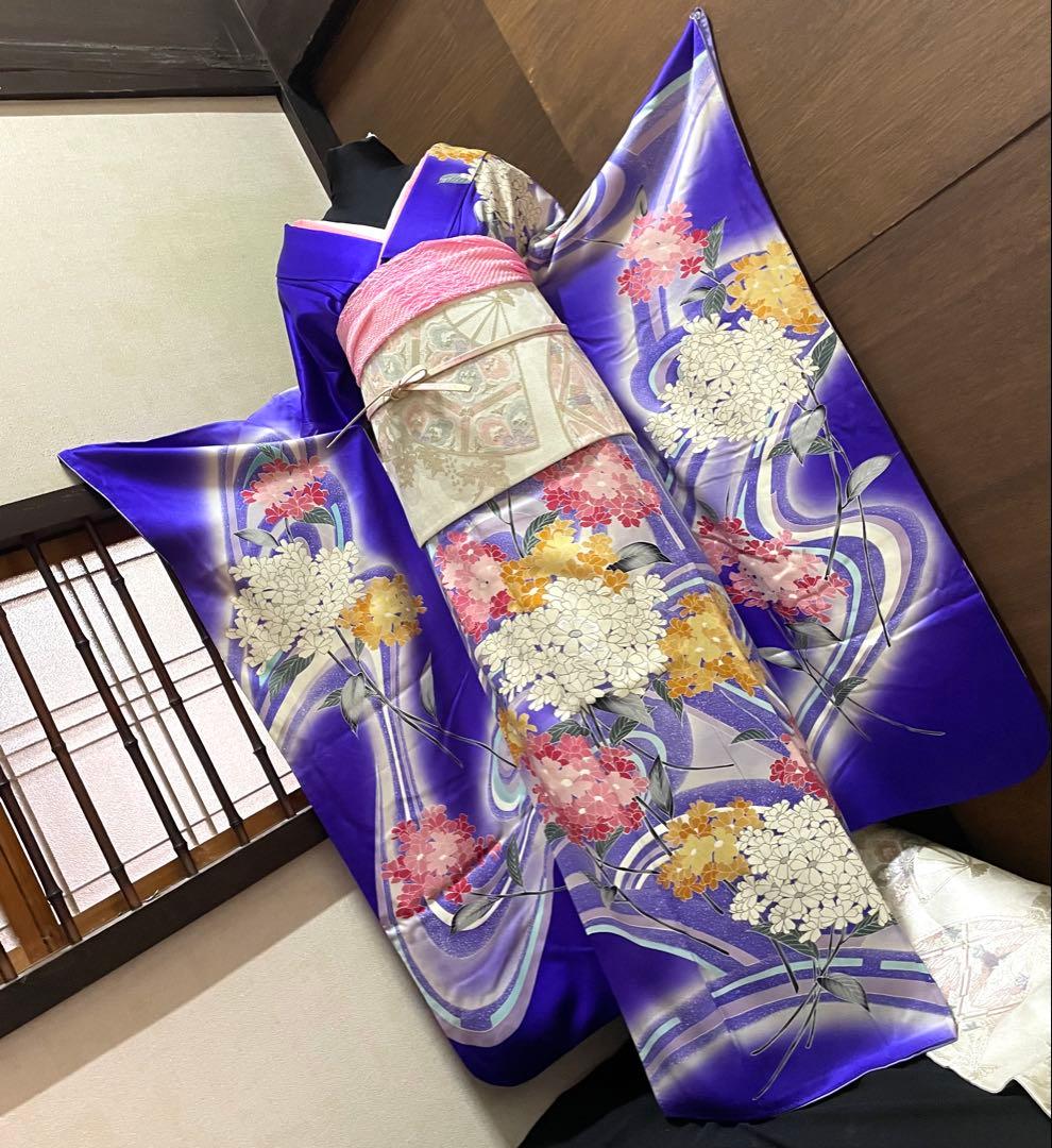 振袖フルセット6点サイズM〜Ｌ相良刺繍　振袖　流水花文　暈し染め　金彩　正絹