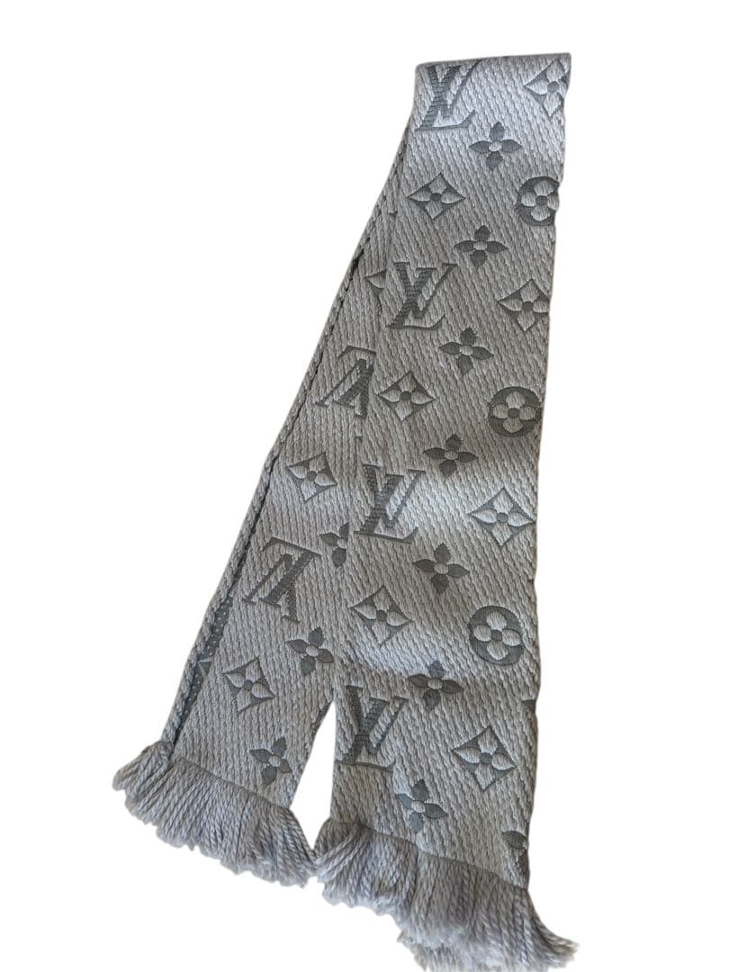 ルイヴィトン　グレー ロゴパターン マフラー フリンジ付き