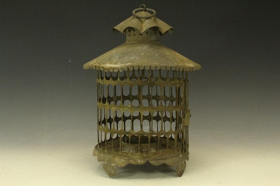 吊り灯籠 高32cm 時代 庭道具 鉄製(LC622)