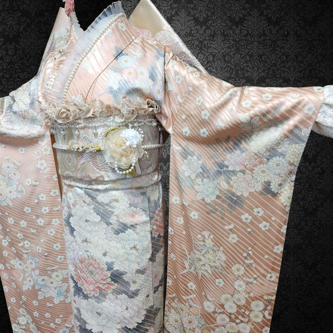 振袖フルセット(9点)・成人式・古典柄・銀駒刺繍・大輪牡丹・くすみカラー・花模様